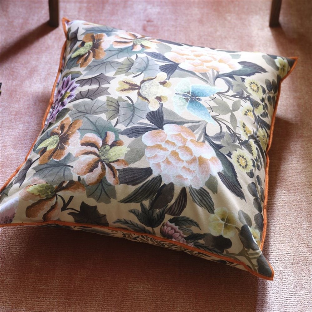 Ikebana Damask Cushion by Designers Guild in Coral Orange